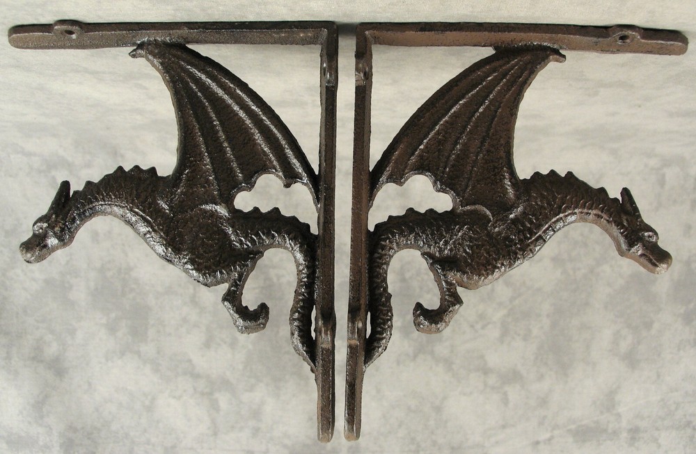 2 GOTHIC DRAGON Cast Iron Shelf BRACKETS Architectural WALL CORNER BRACKETS