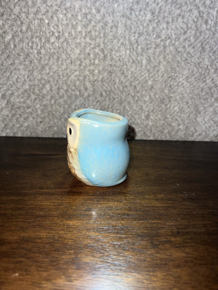 Mini Owl Succulent or Houseplant Planter Ceramic Stoneware Light Blue