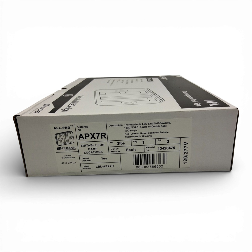 NEW Cooper Lighting APX7R Pro Self Powered LED Exit Sign 120/277V Single Double