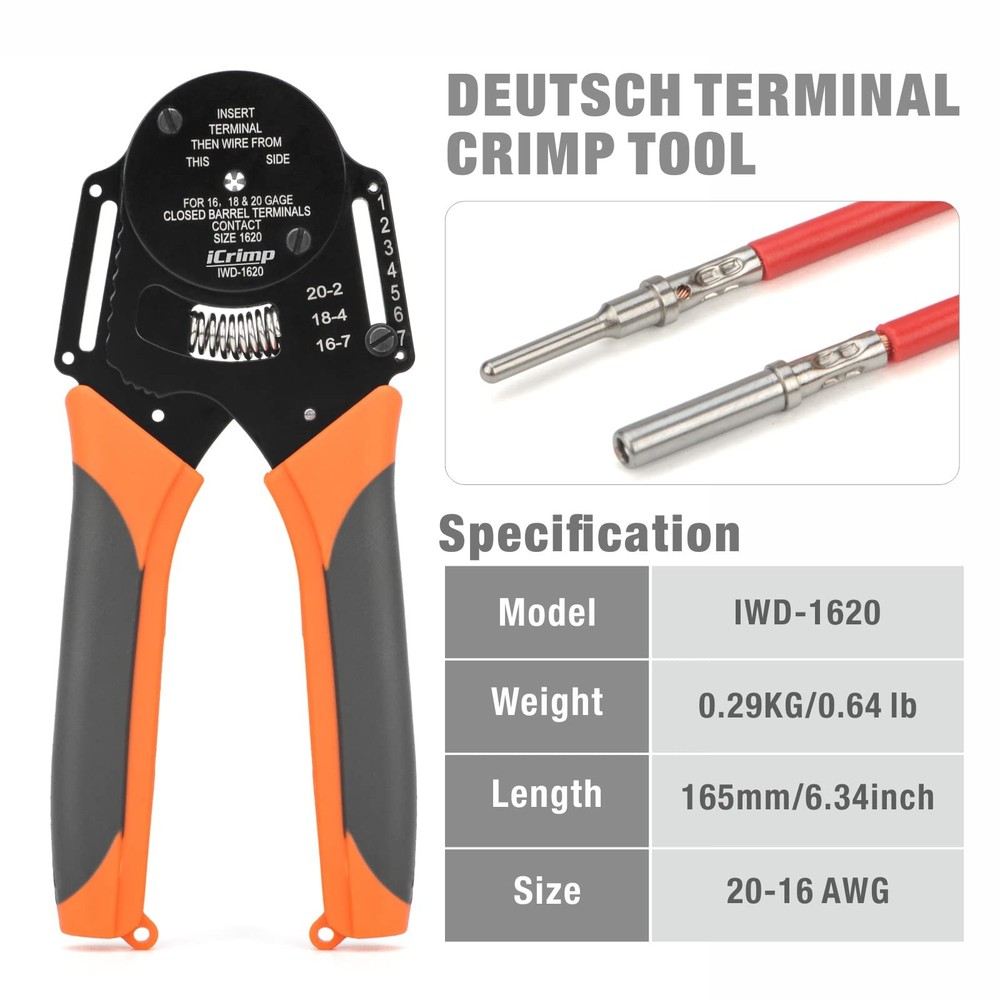 iCrimp IWD-1620 Deutsch Crimp Tool, Size 16 Crimper, Solid Multicolor
