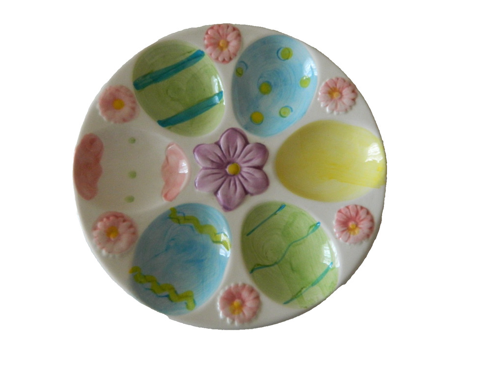 CERAMIC Easter 6 Egg Plate Round Hand Painted Floral Easter Eggs Pattern Platter