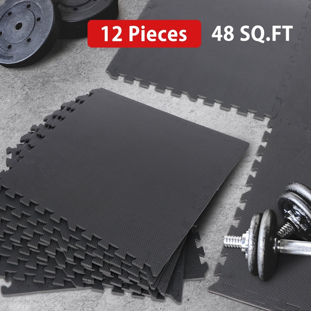 12 Tile Puzzle Exercise Mat 1/2'' Thick Interlocking Foam Gym Flooring Mat Black