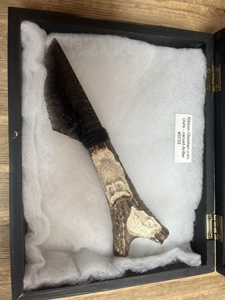 Obsidian Blade With Carved Owl Antler