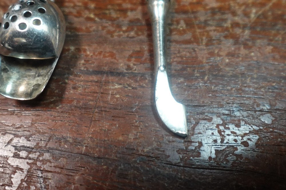 Antique Sterling Silver tea strainer diffuser spoon + Sterling scraper? vtg #180