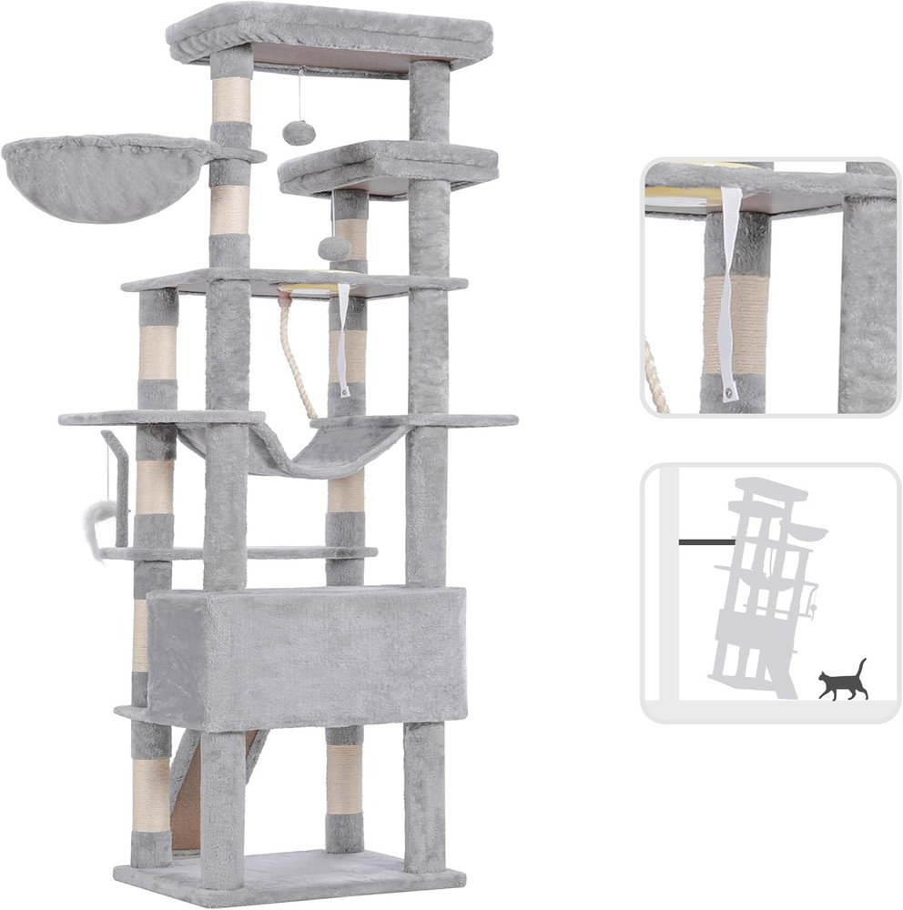 78" Tall Cat Tree with Plush Perches, Caves & Scratching Board - Light Gray