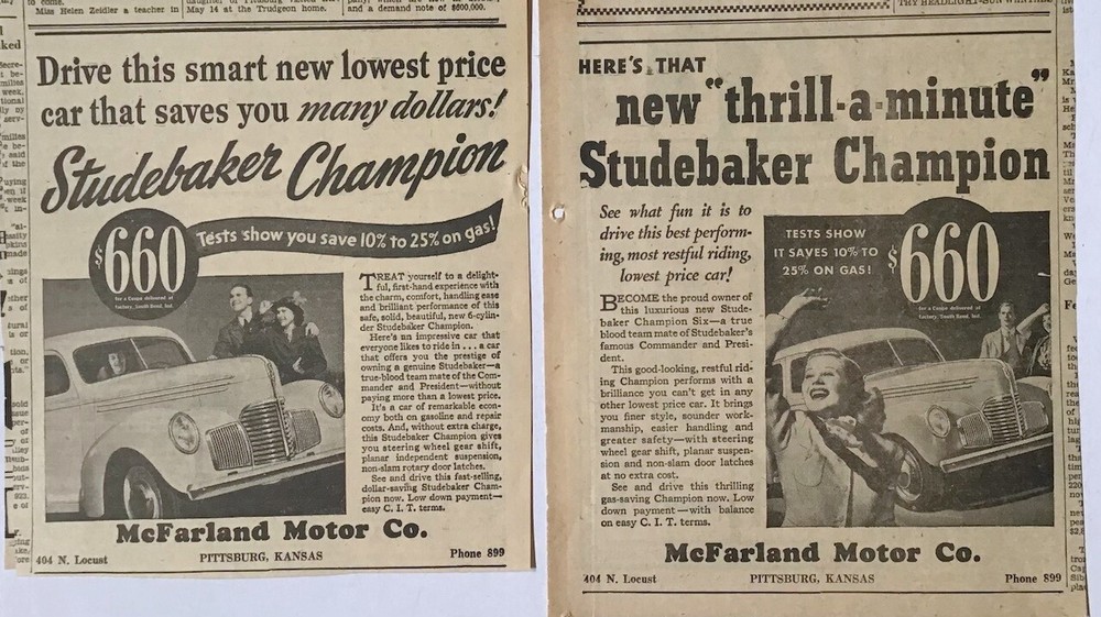 Two 1939 newspaper ads for Studebaker Champion - Thrill-a-Minute, restful riding