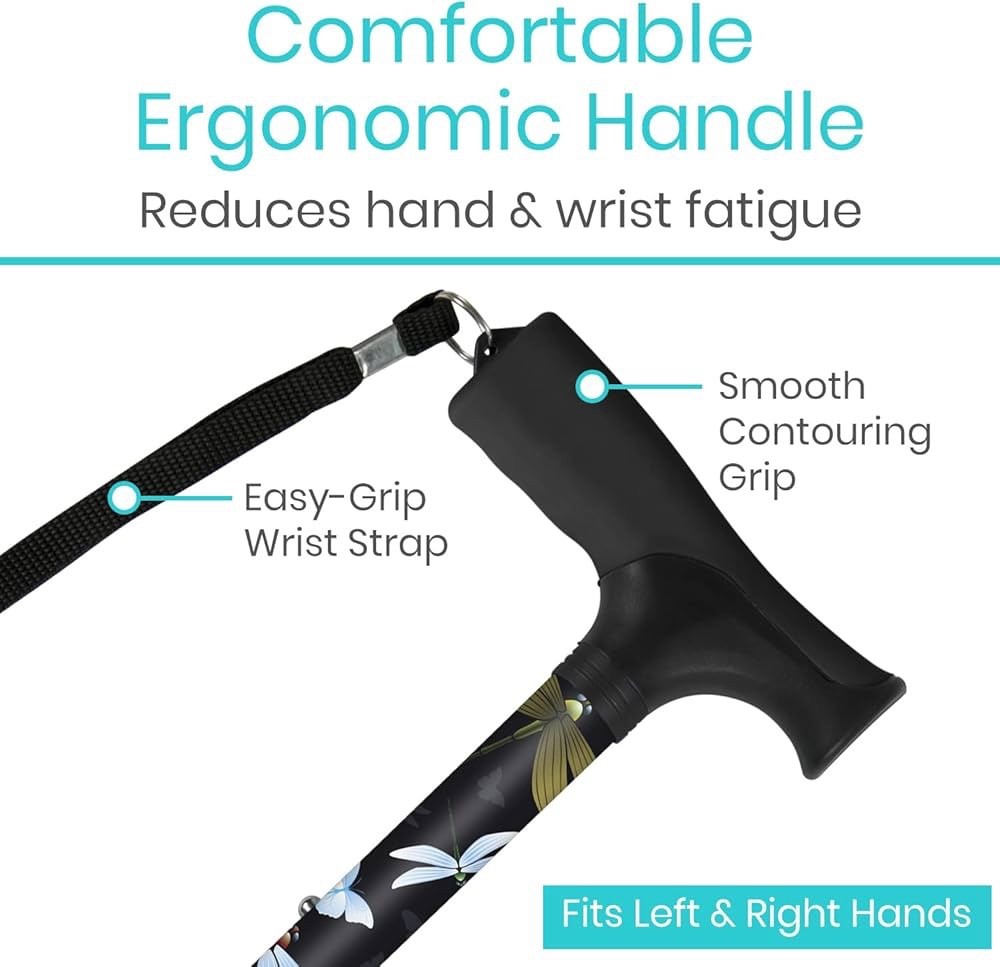 Vive Folding Cane Foldable Walking Women Fold-Up Collapsible Black Butterfly