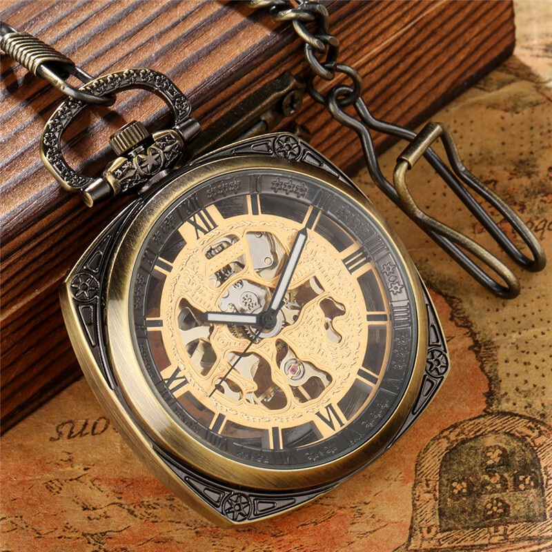Steampunk Pocket Watch Skeleton Mechanical Hand Wind Roman Numerals Display Gift