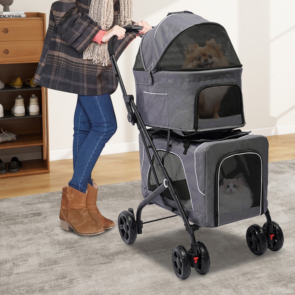 Foldable Double Pet Stroller Dogs Cats Carrying Cart For Small/Medium-sized Pet