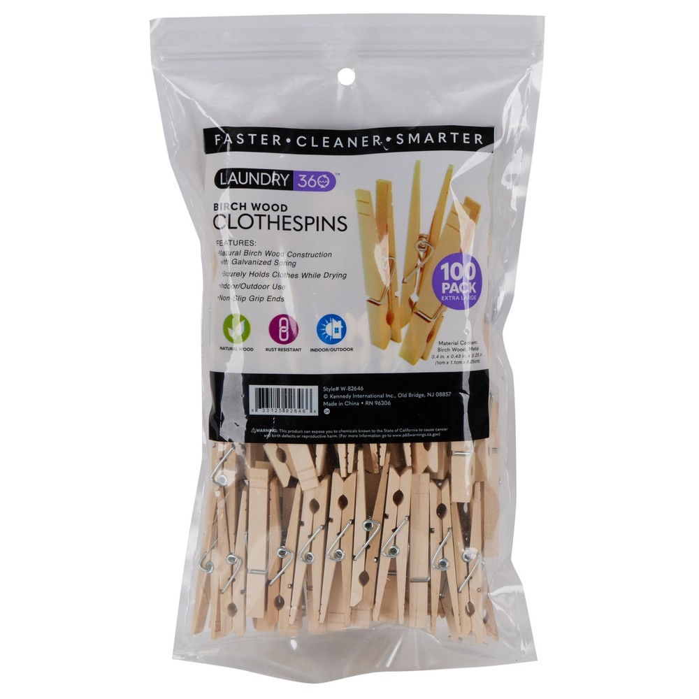 Extra Large Wooden 100 Pack Clothespins Natural