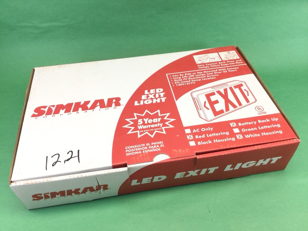 Simkar LED Exit Sign Red Letters Arrows Double Sided Battery Backup Complete Kit