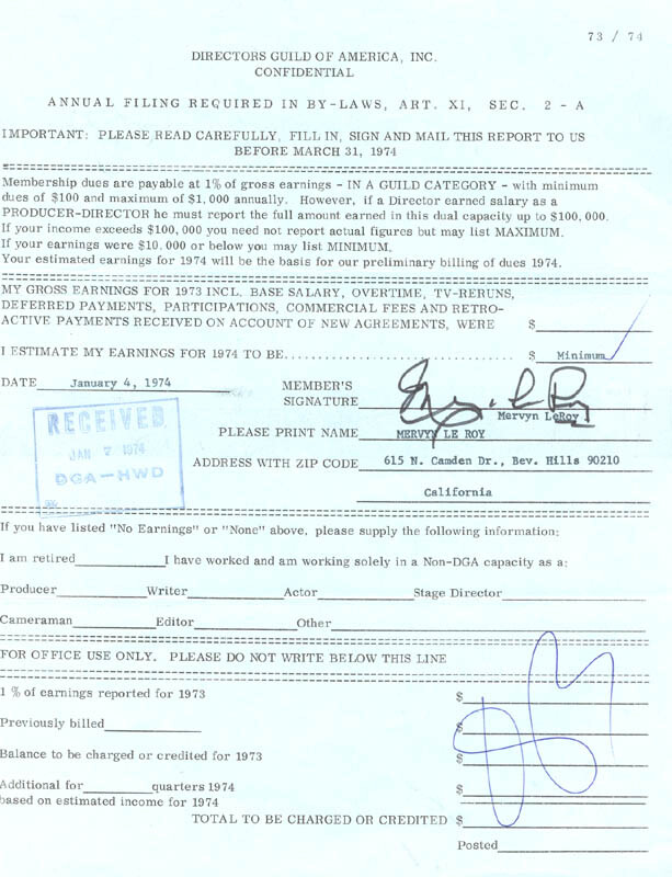 MERVYN LEROY - DOCUMENT SIGNED 01/04/1974