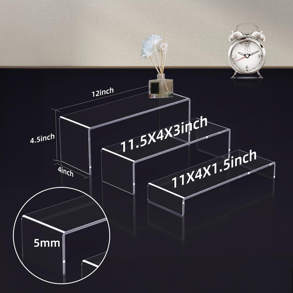 3 Pcs 12" Large Acrylic Risers 5mm thickness Rectangular Display Shelf for Cu...