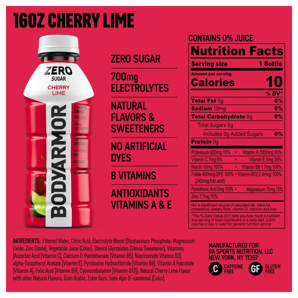 BODYARMOR ZERO Sugar Cherry Lime Electrolyte Drink, 16 Fl Oz Bottles 12 Pack
