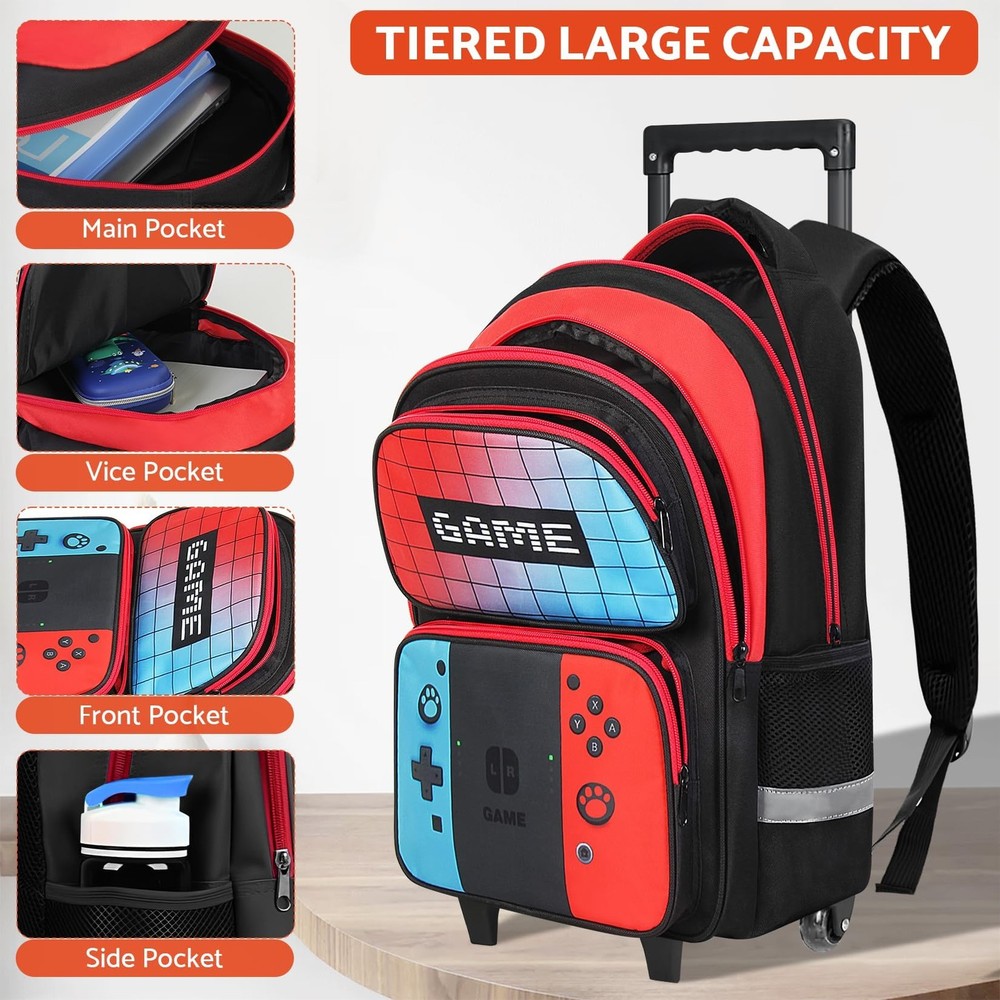 Boys Rolling Backpack for - Gamer Rolling Backpack with Wheels for Elementary...