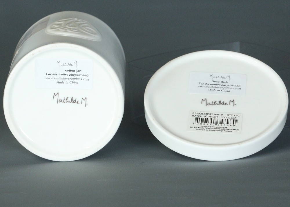 MATHILDE M. WHITE CERAMIC COTTON BALLS JAR & Round SOAP DISH Set 