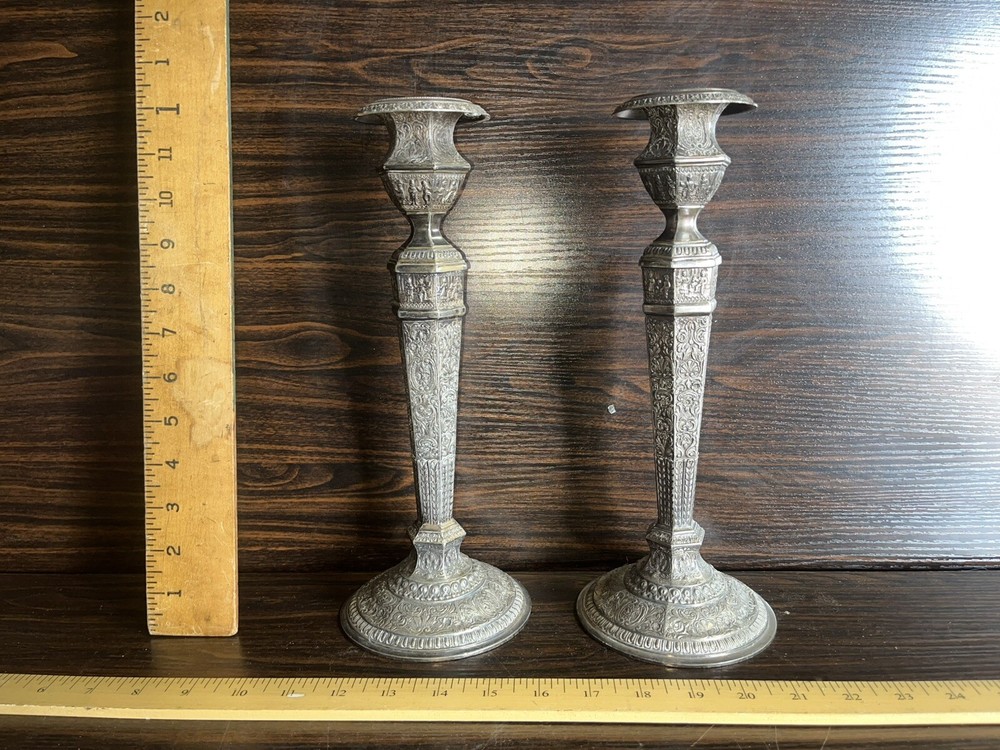 Pair 19th C. Derby Silver Plate 11.75" Candlesticks, Embossed Decoration, #2547