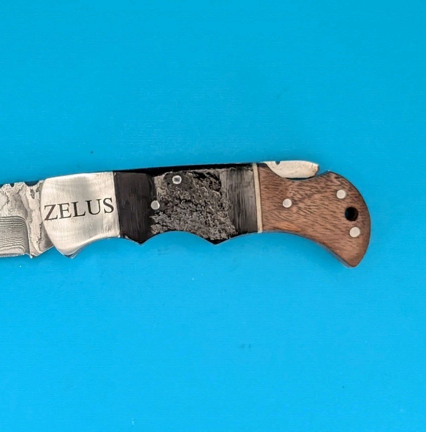 Zelus Damascus Blade Plain Edge Lockback Knife! With Leather Sheath!