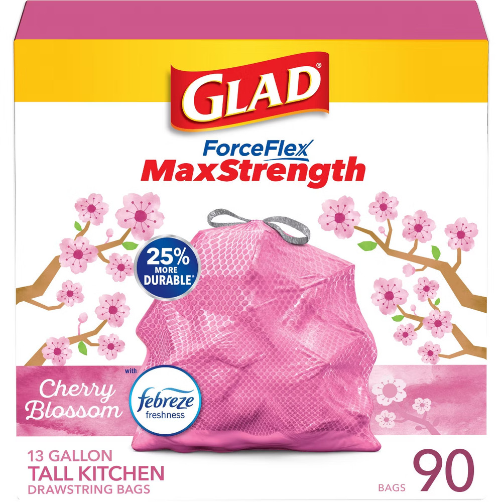Glad ForceFlex MaxStrength Tall Kitchen Drawstring Pink Trash Bags - 13gal/90ct