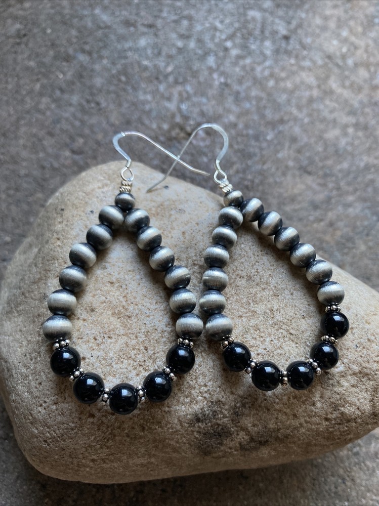 Sterling Silver Black Onyx W Pearls Bead Loop Earrings.