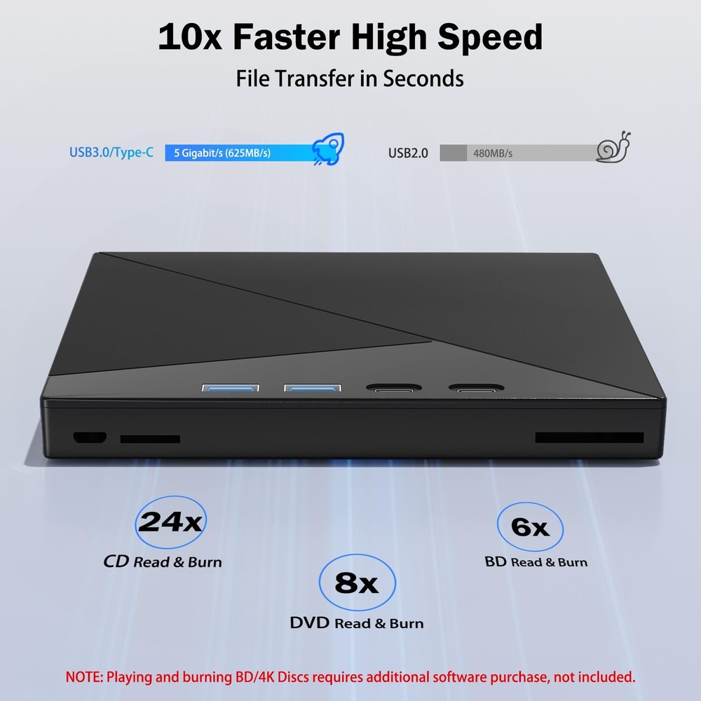 7 IN 1 External Blu Ray Drive, 4k Burner with USB 3.0 Type-C...