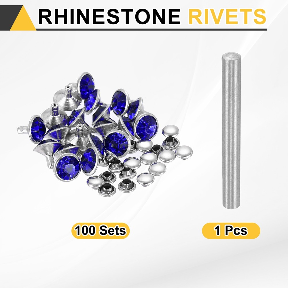 100pcs Crystal Rivets 10mm Rhinestone Stud with Tool, Silver Blue