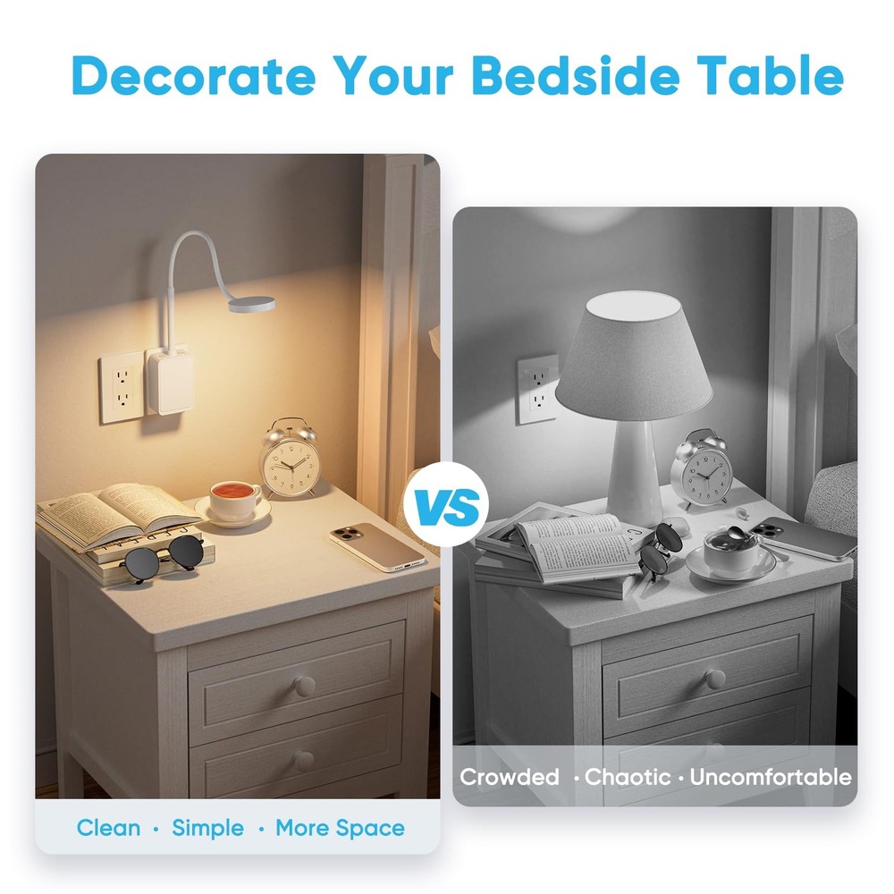 Plug in Book Reading Light, White Flexible Dimmable Wall Sconce Night Lamp wi...