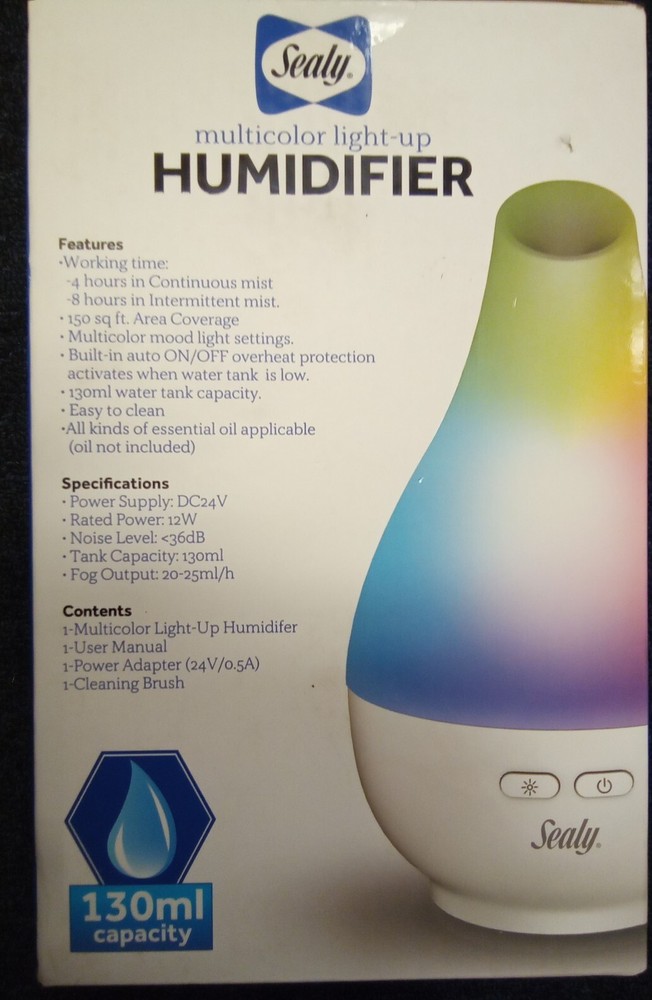 Sealy Multicolor Light-Up Humidifier Aroma Diffuser 2 Mist Modes Quiet Operation