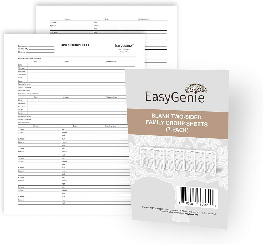 Blank Two-Sided Family Group Sheets for Genealogists (7-Pack) | Archival-Qual...
