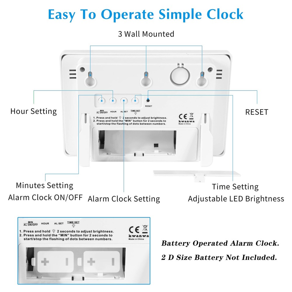 LED Digital Clock, Alarm Clock, Wall Clock, 3" LED Digit Display, Adjustable ...