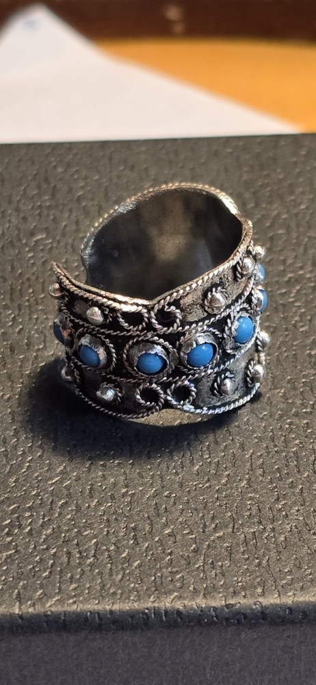 Vintage Sterling Silver Ornate Turquoise Large Cuff Ring Turquoise