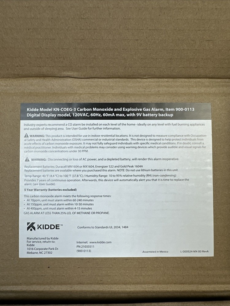 Kidde ‎KN-COEG-3 Carbon Monoxide & Gas Alarm