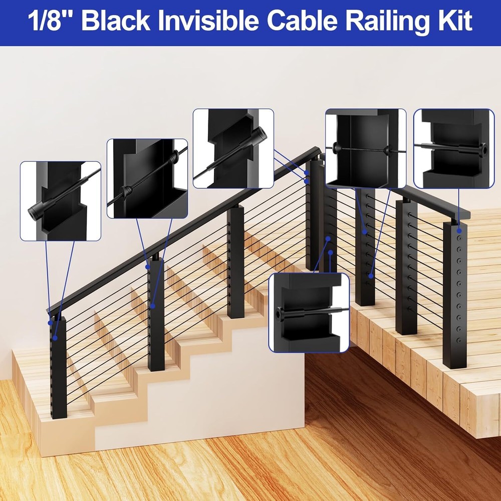 1/8" Black Invisible Receiver and Swage Stud End Fits Cable Railing Deck 50 Pack