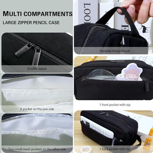 Large Capacity Pencil Case 3 Compartments, Portable Pencil Case with Black