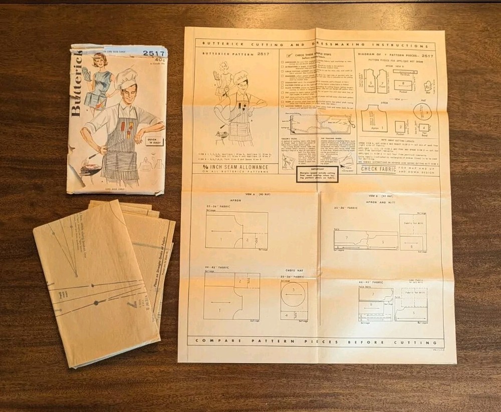 Butterick #2517 His & Hers Quick Easy Apron Pattern w Appliques Complete Cut