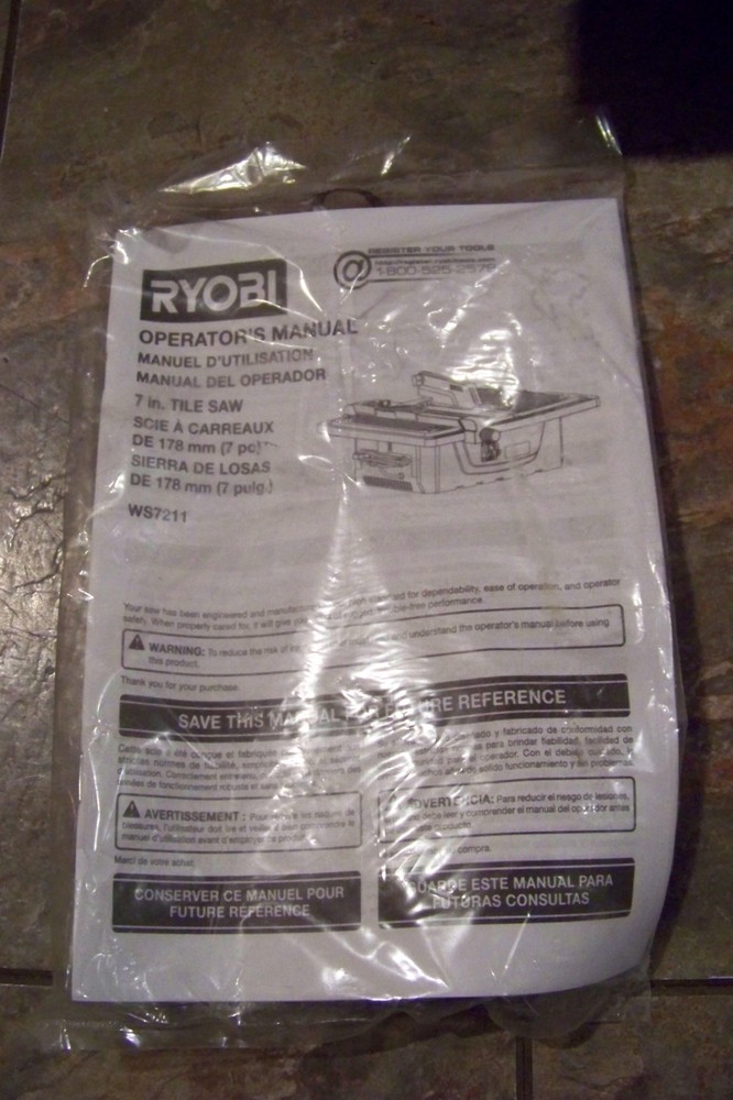 Ryobi WS7211 7" Tile Saw Parts -- instructions