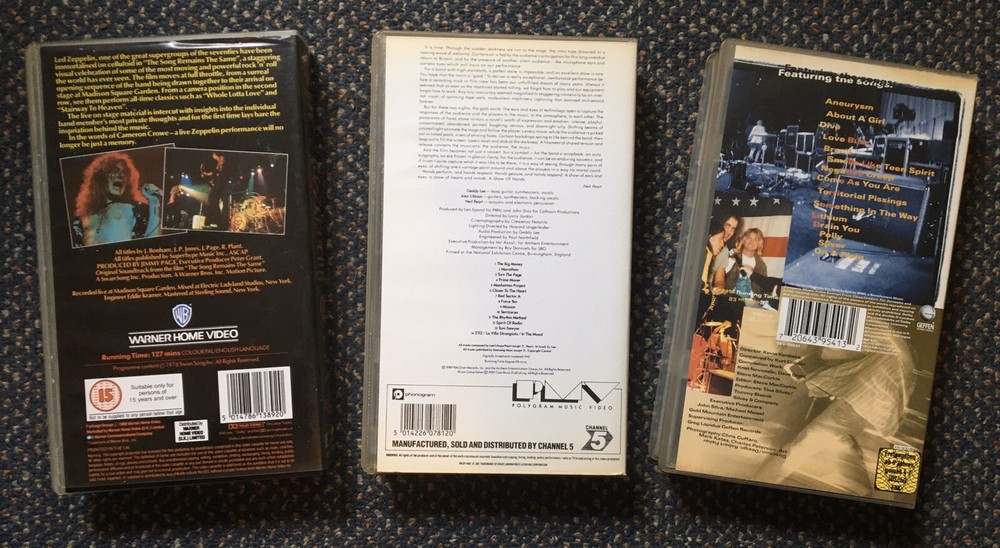 Led Zeppelin Rush Nirvana V.H.S Tapes X 3.