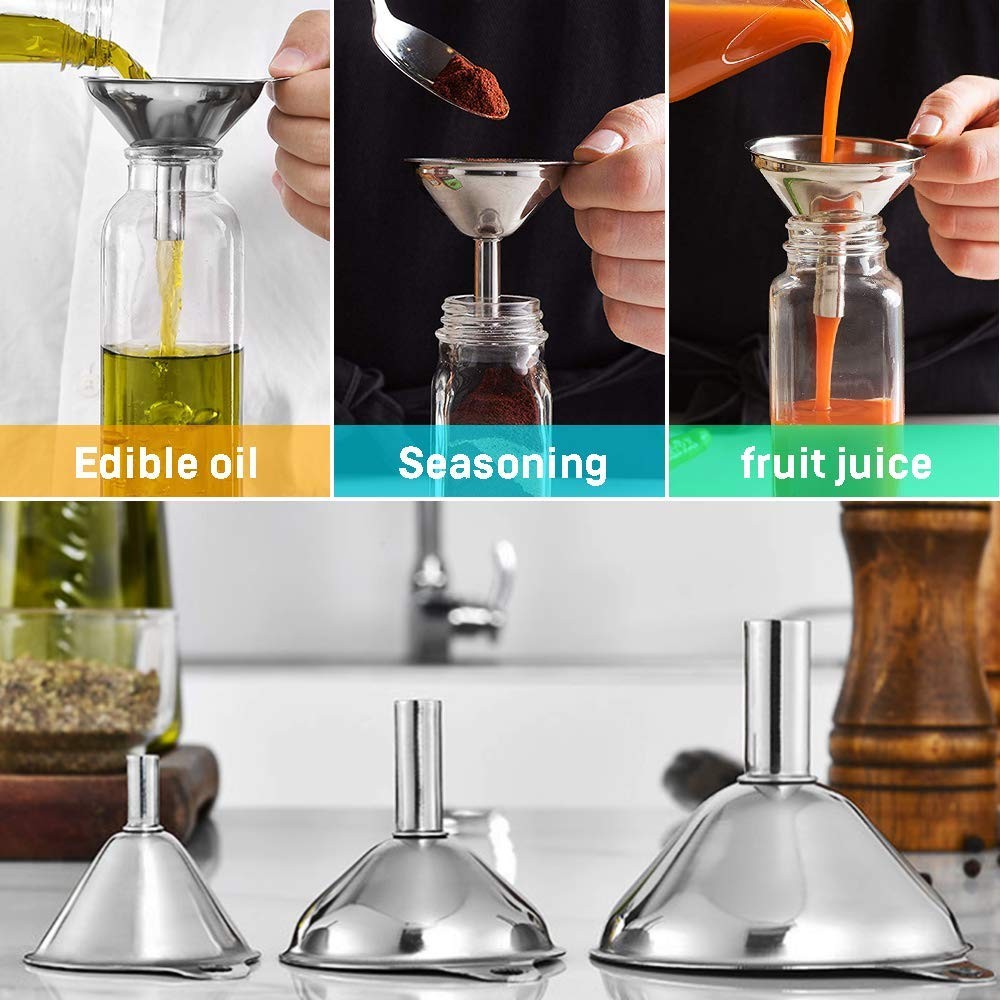 Compact Stainless Steel Funnel Set, 3 Sizes Small Medium Large for Bottles