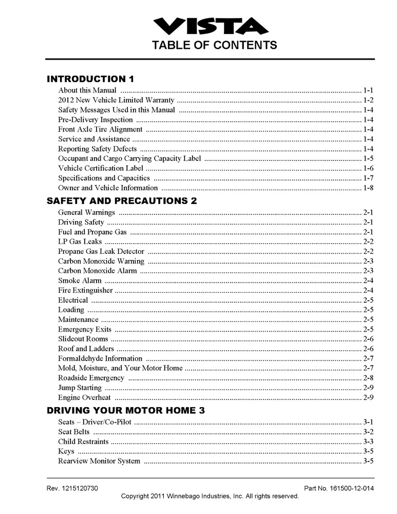 2012 Winnebago Vista Home Owners Operation Manual User Guide Coil Bound