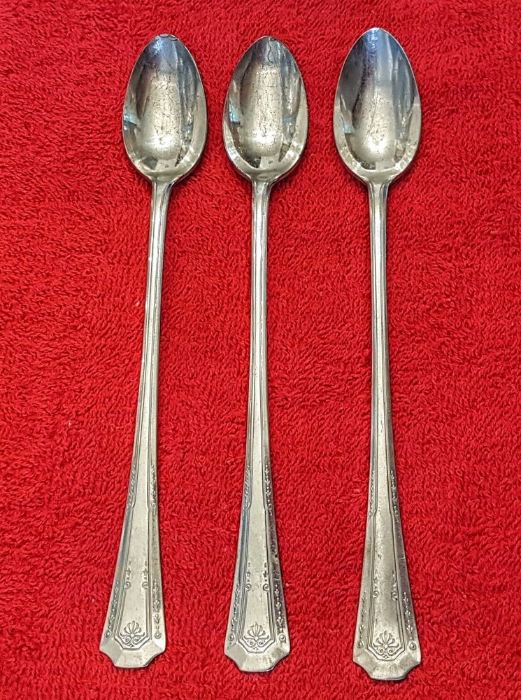 PERMABRITE Stainless Iced Tea Spoon LOT 3 Flatware Beveled Garland Scroll Handle