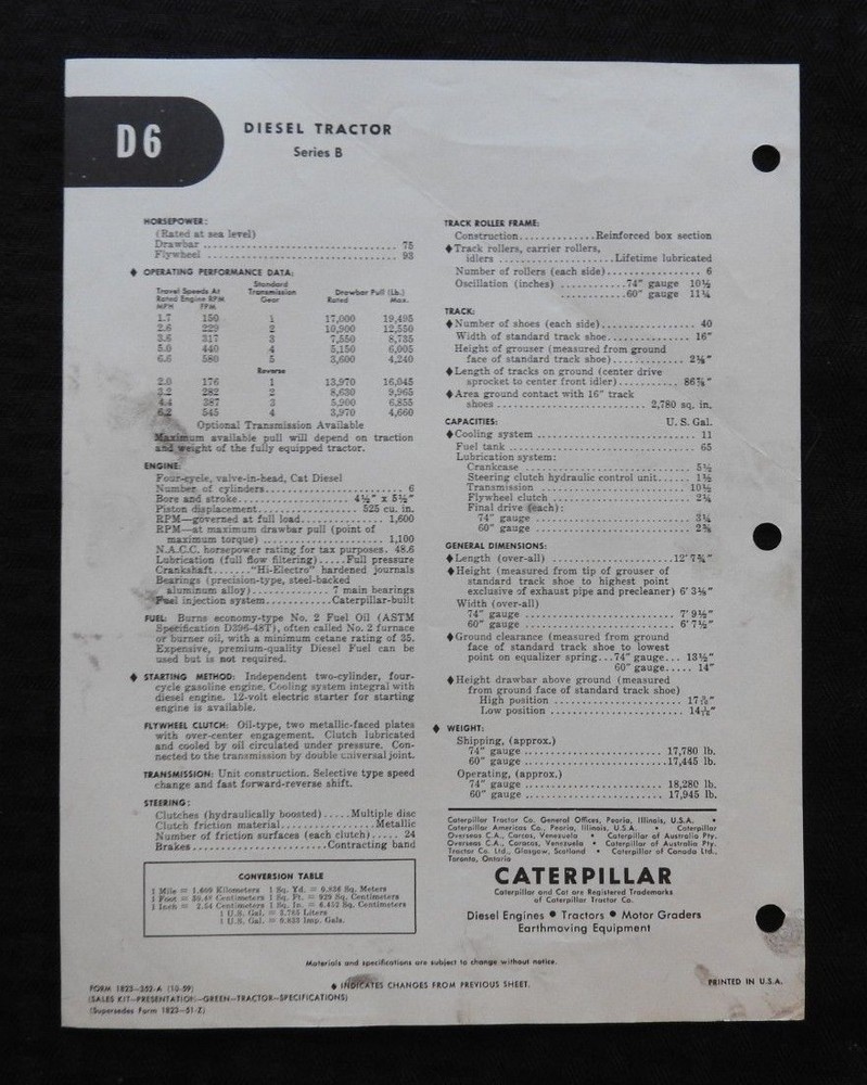 GENUINE 1959 CATERPILLAR D6 SERIES B TRACK-TYPE TRACTOR SPECIFICATIONS BROCHURE