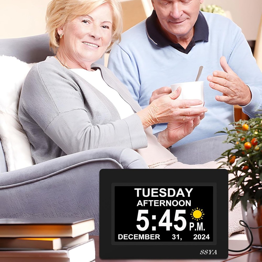 Large Display Calendar Clock - 7 Inch, Auto Dimmable, Black