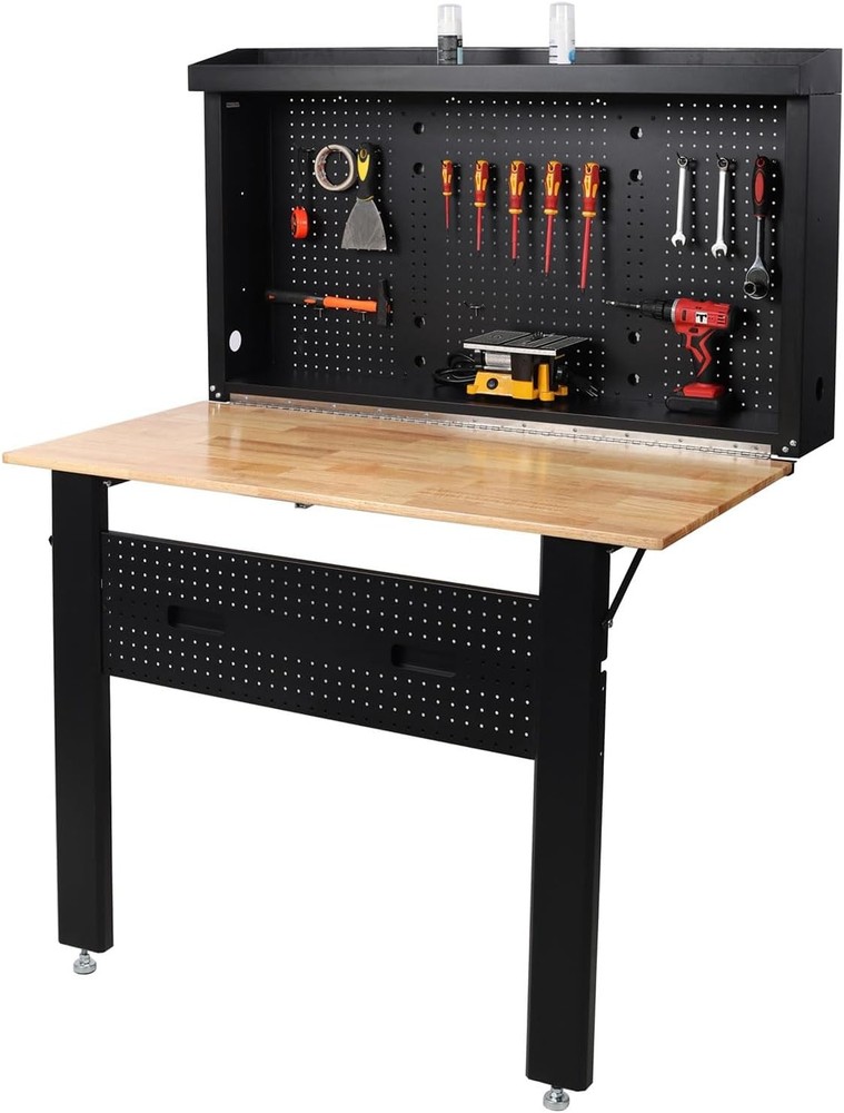 Wall Mounted Workbench Foldable Rubberwood Work Surface, Pegboard Tool Storage