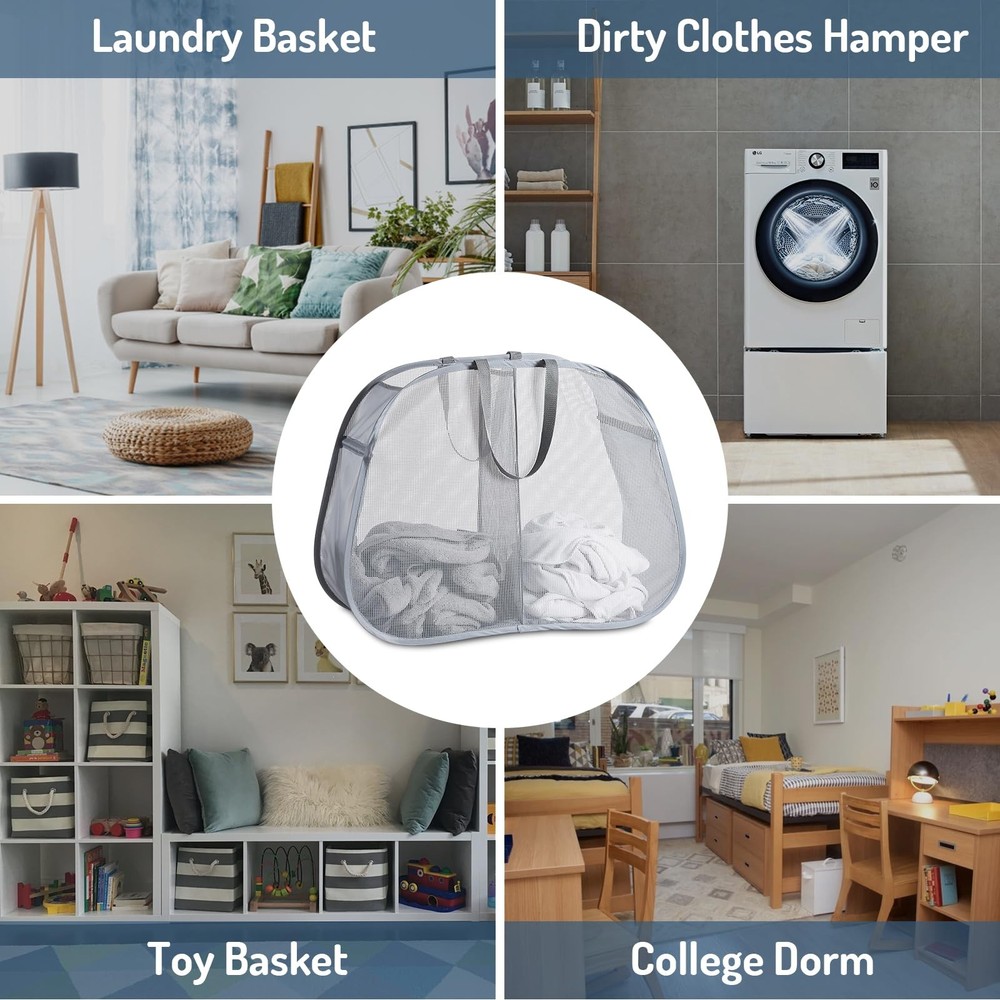 Mesh Popup Laundry Hamper 2 Compartment, Collapsible Laundry Sorter Basket Fo...