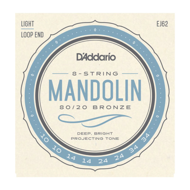D'Addario EJ62 80/20 Bronze Loop End Mandolin Strings; 8-string set 10-34