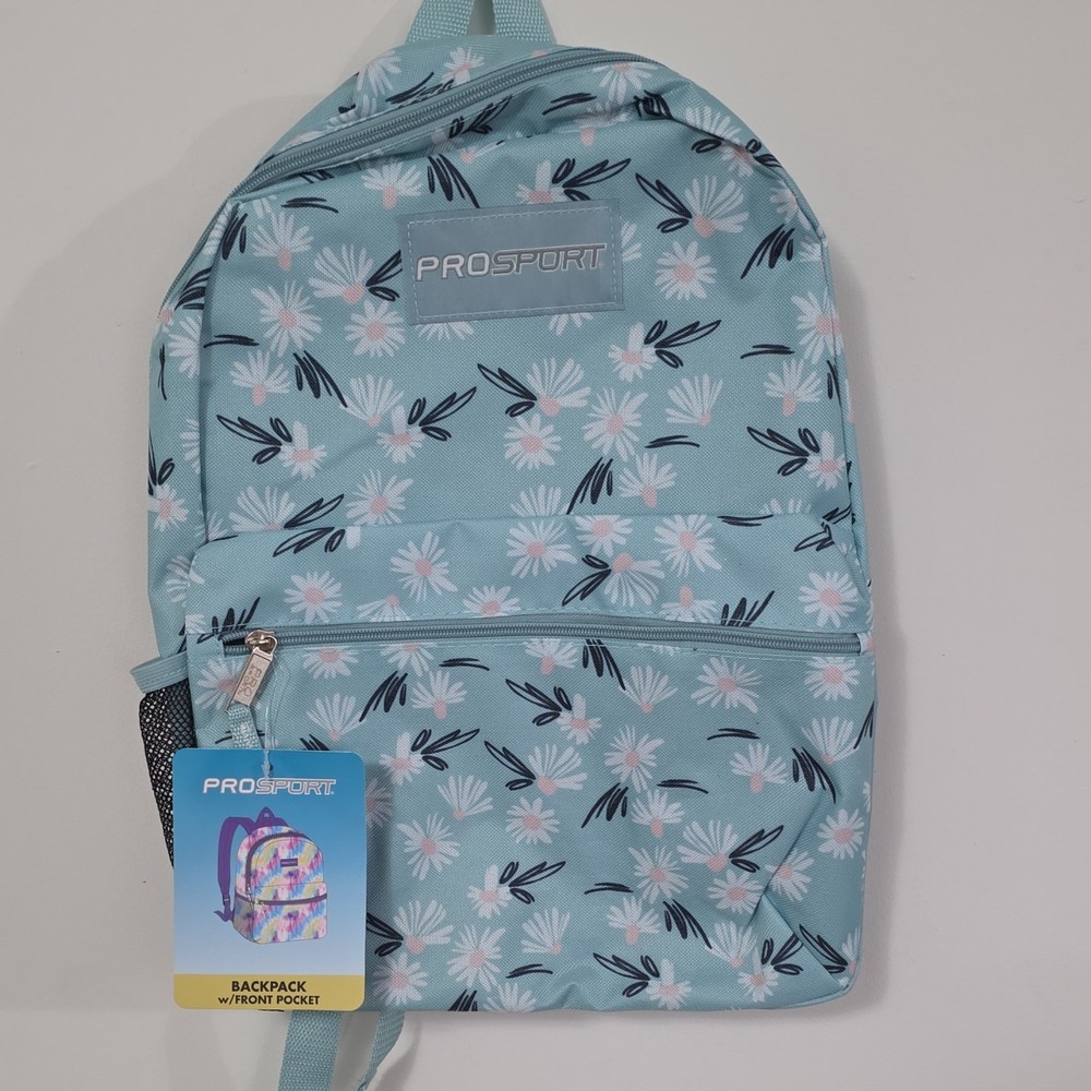 PROSPORT Kids Backpack Light Blue Floral Canvas Adjustable Strap Front Pocket
