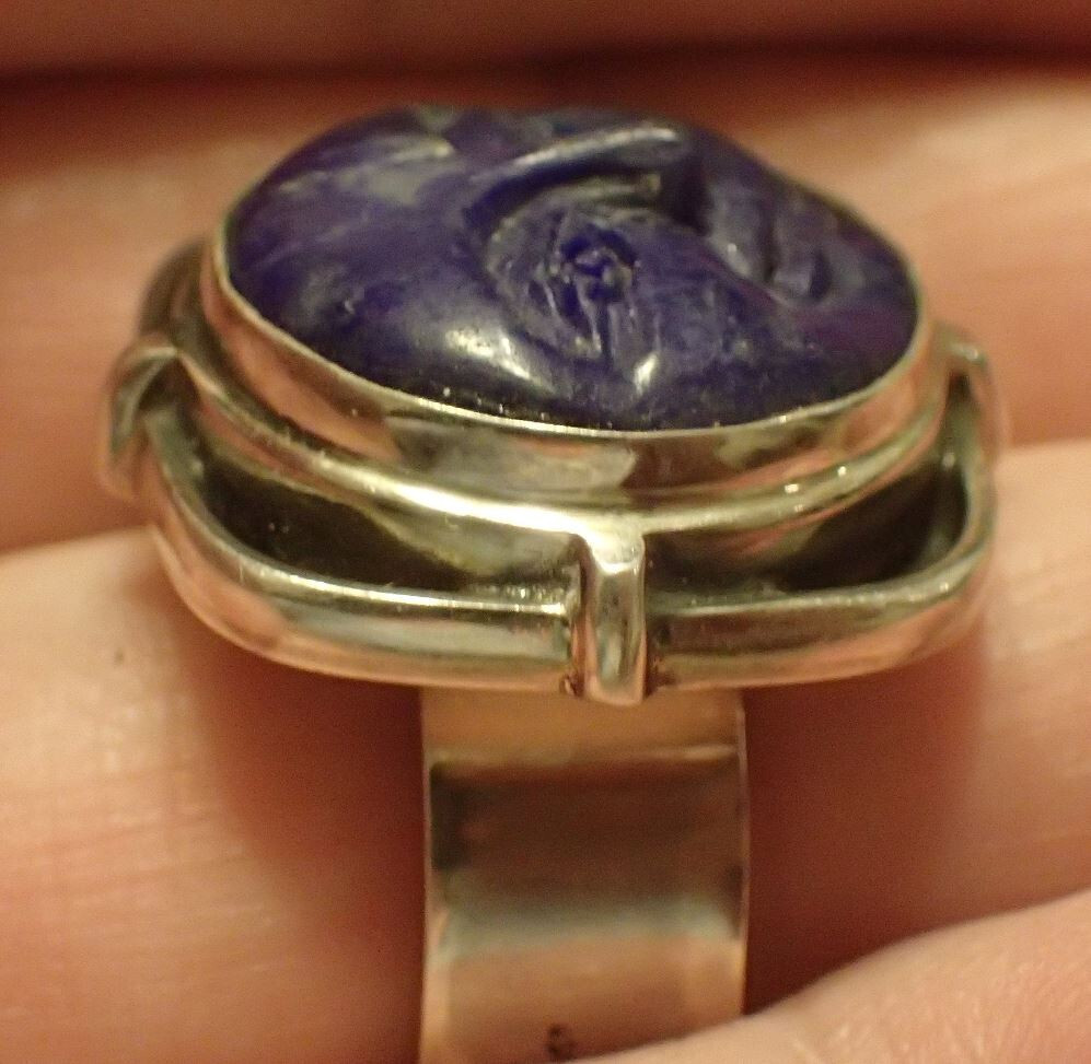 Lapis Lazuli carved Face Sterling Ring, adjustable