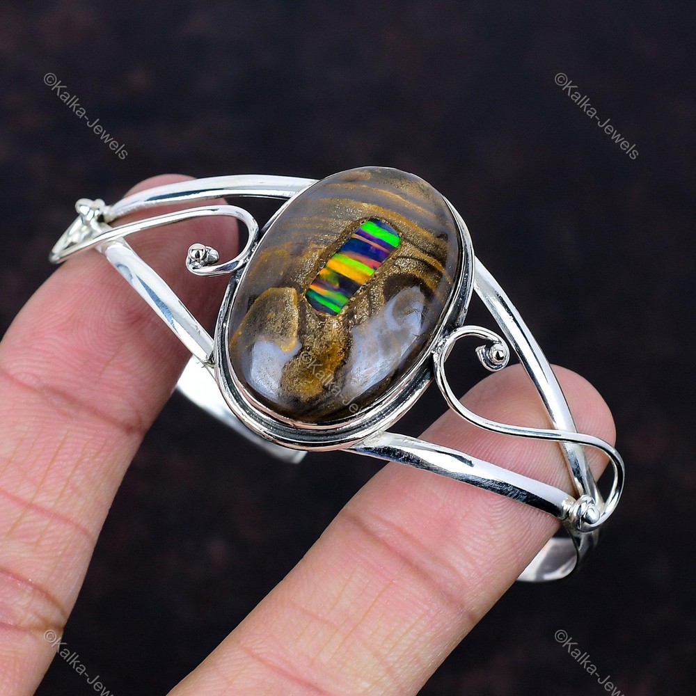 Natural Ethopian Opal In Boulder Opal Bezel Bangle Bracelet 925 Sterling Silver