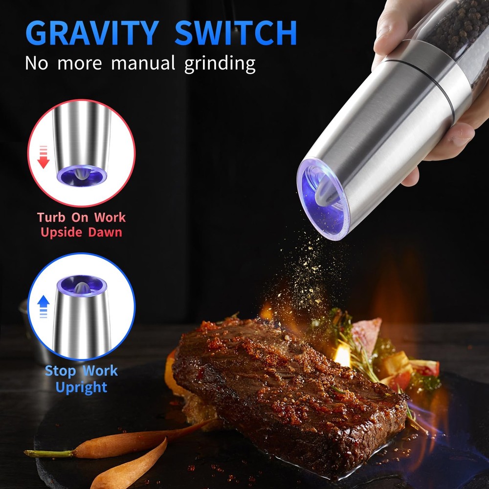 Gravity Electric Salt and Pepper Grinder Set Adjustable Coarseness 2 Pack