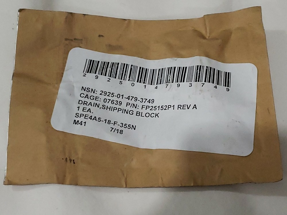 Military Surplus FP25152P1 Drain, Shipping Block NSN 2925014793749